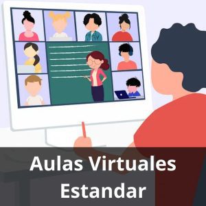 Un estudiante frente a un monitor, participando en una clase virtual con múltiples compañeros y una profesora explicando en el centro, representando el uso de las Aulas Virtuales Estándar 🧑‍💻. La imagen ilustra una interfaz limpia y funcional de Moodle para la educación en línea.