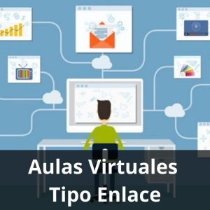 Imagen conceptual de un estudiante o profesional frente a un monitor, mostrando la interconexión de diversas Aulas Virtuales Tipo Enlaces. Se observan elementos como gráficos, emails y videos, ilustrando una plataforma Moodle actualizada y su diseño optimizado para una navegación fluida y compatible con dispositivos móviles.