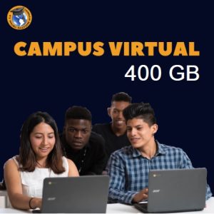 Un grupo diverso de estudiantes sonrientes colaborando con sus ordenadores portátiles, simbolizando la alta capacidad y la facilidad de conexión del Campus Virtual 400 GB 🎓. La imagen representa un entorno de aprendizaje moderno y colaborativo, ideal para grandes volúmenes de usuarios.