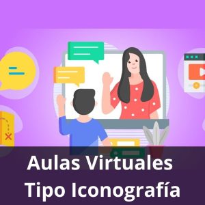 Ilustración de una maestra interactuando con un estudiante en un entorno de Aulas Virtuales Tipo Iconografía 👩‍🏫. Alrededor de la pantalla, se observan burbujas de diálogo y elementos de aprendizaje, representando una experiencia educativa visualmente rica y optimizada para la interacción en PC.