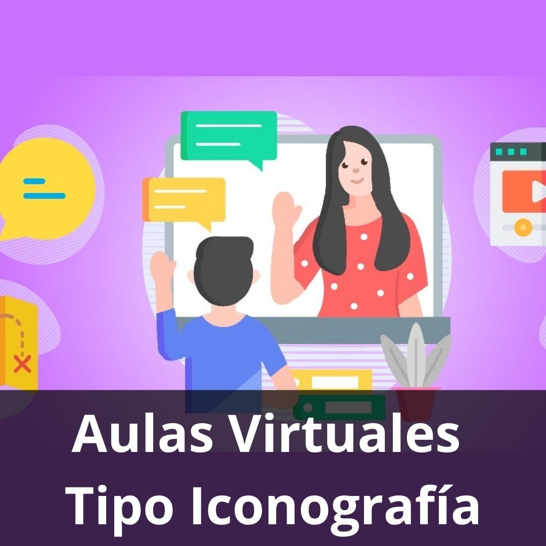 Ilustración de una maestra interactuando con un estudiante en un entorno de Aulas Virtuales Tipo Iconografía 👩‍🏫. Alrededor de la pantalla, se observan burbujas de diálogo y elementos de aprendizaje, representando una experiencia educativa visualmente rica y optimizada para la interacción en PC.