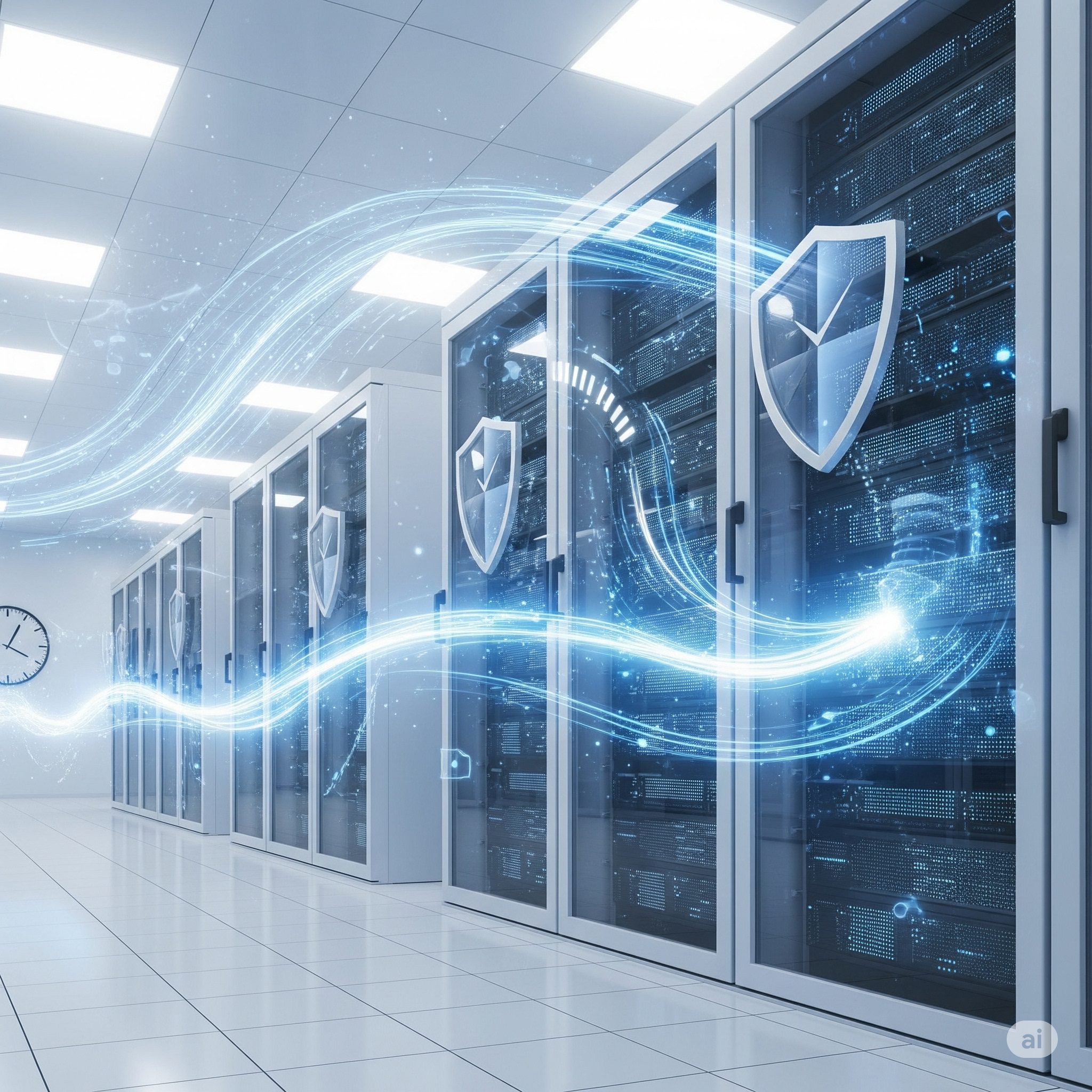 Rack de servidores en un centro de datos seguro para aulas virtuales.