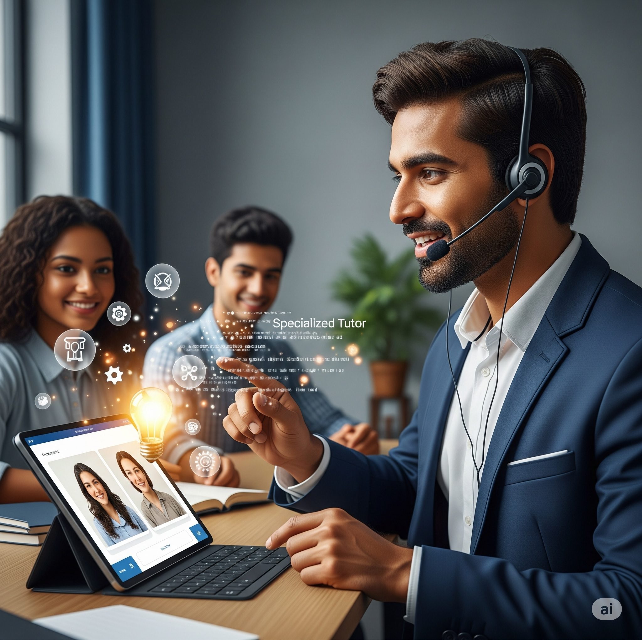Tutor virtual interactuando con estudiantes en plataforma educativa.