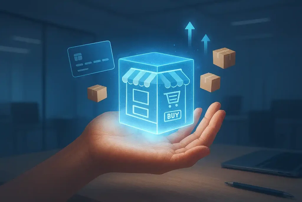 Mano sosteniendo un cubo holográfico de tienda virtual. Símbolo de la Instalación de Tiendas Virtuales.