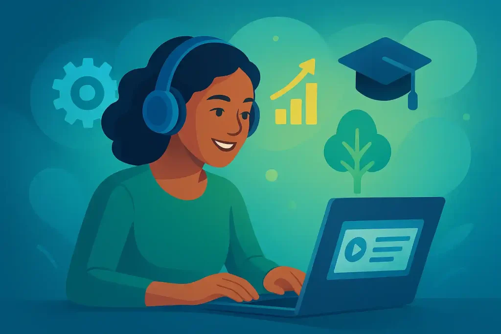 Mujer sonriendo con audífonos usando una laptop, rodeada de íconos de crecimiento, representando el éxito con los Cursos de Capacitación Online