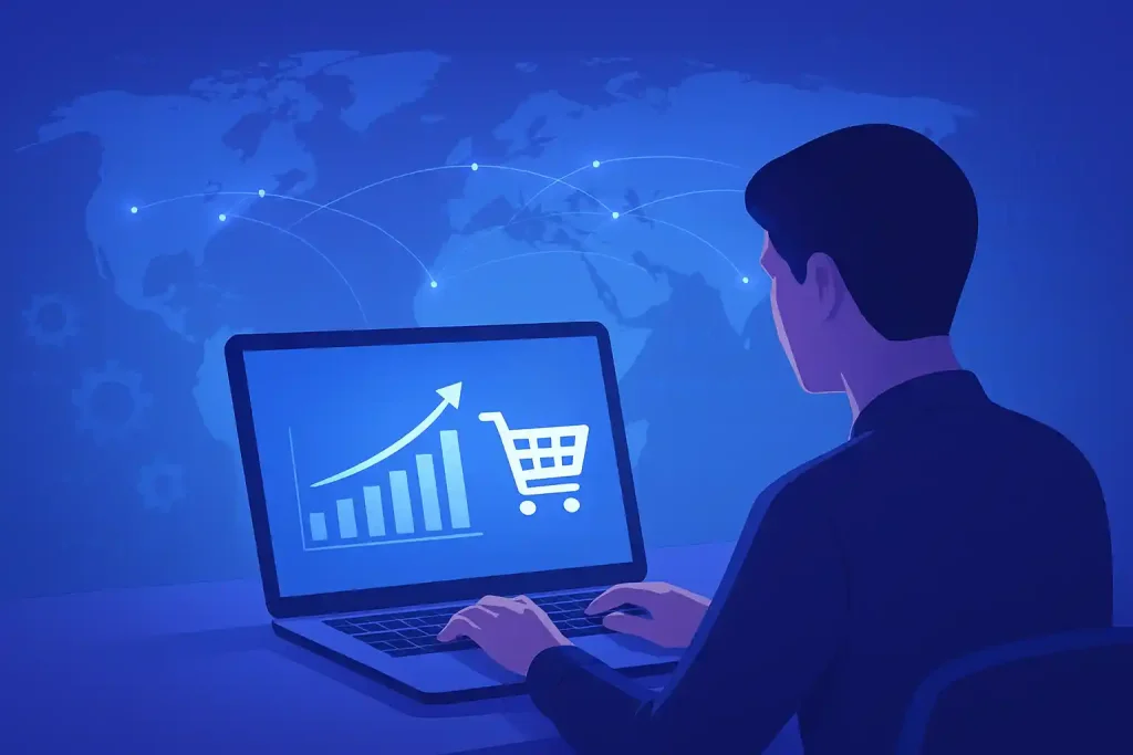 Persona instalando una tienda virtual, viendo un gráfico de crecimiento y expansión global. Instalación de Tiendas Virtuales.