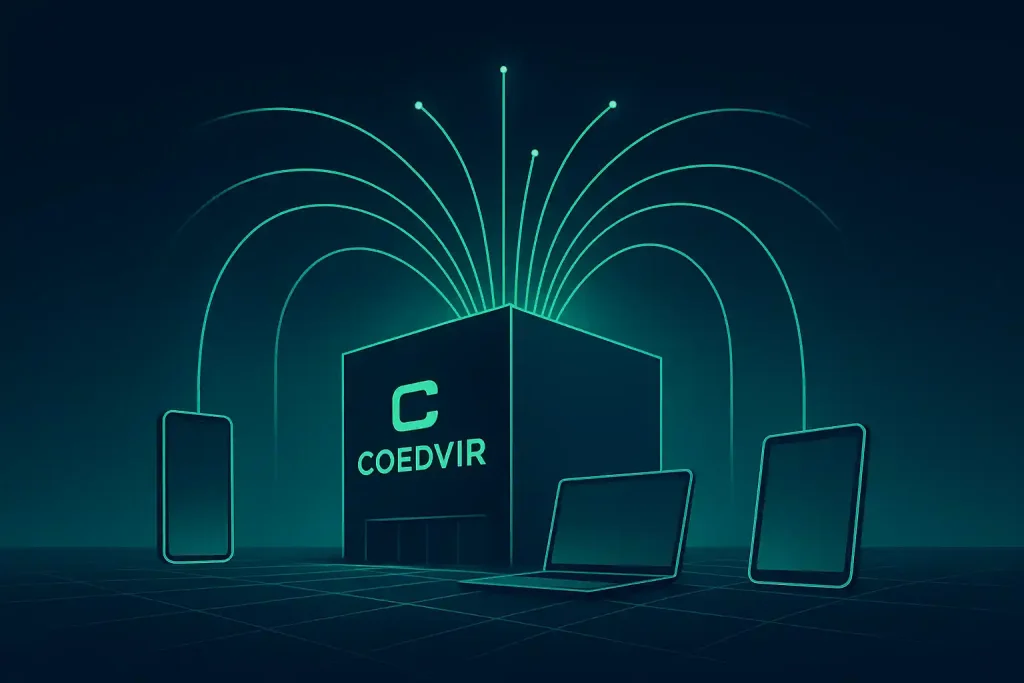 Representación digital de un cubo COEDVIR conectado a laptop, smartphone y tableta. Servicios de Creación de Sitios Web con alto rendimiento.