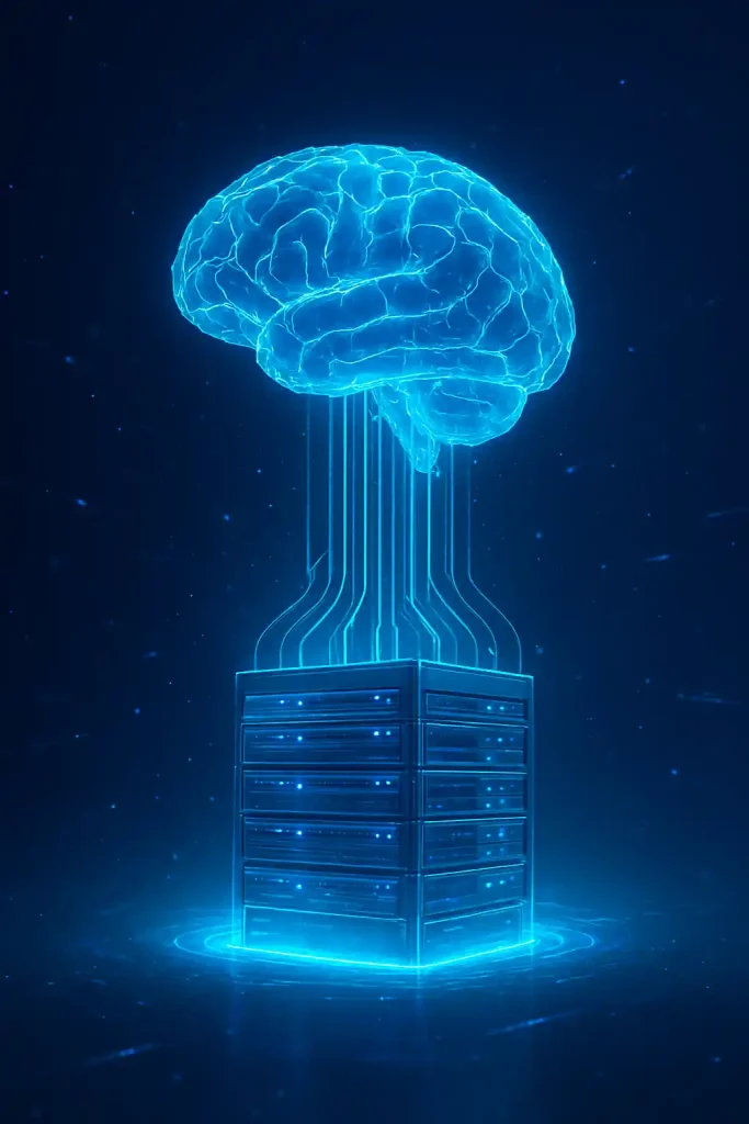 Servidor Hosting Cloud controlando el conocimiento digital y la inteligencia artificial.
